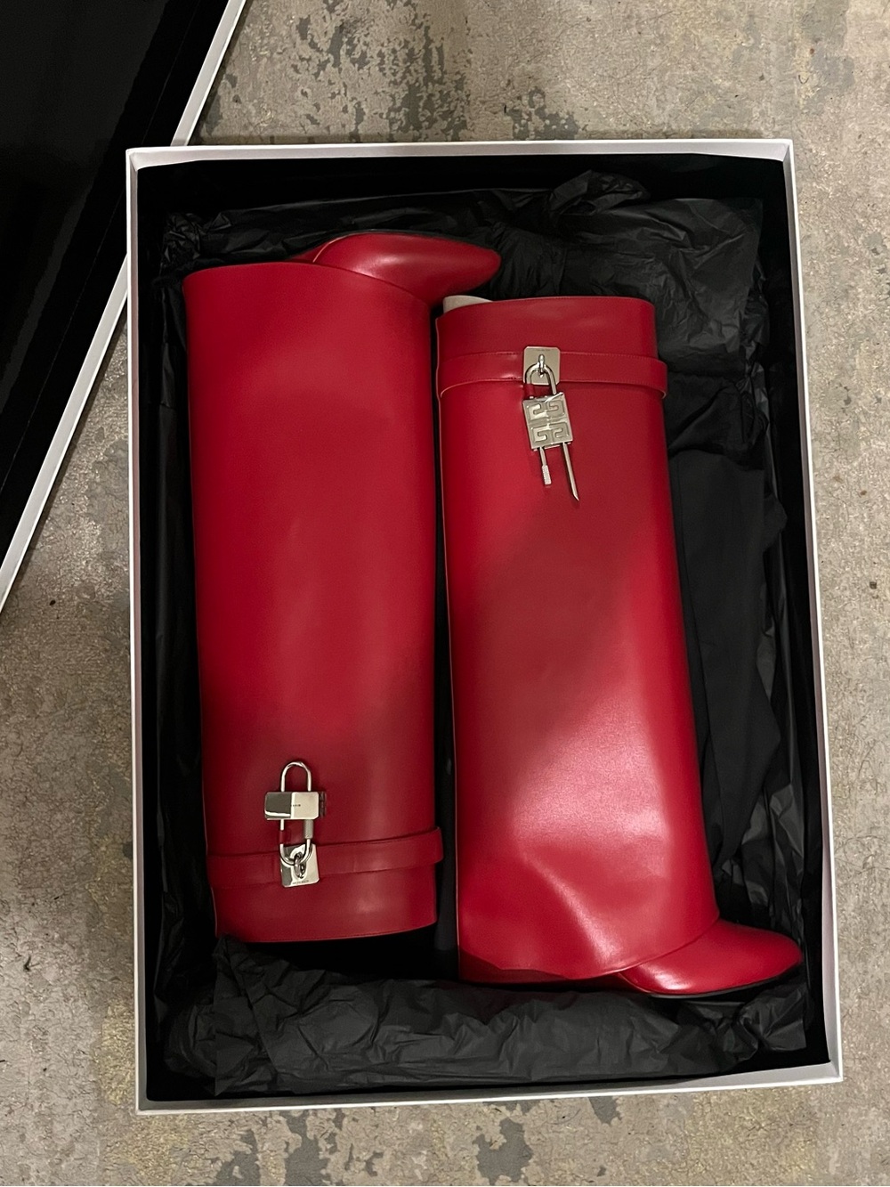Givenchy Red Leather Knee-High Shark Lock Boots